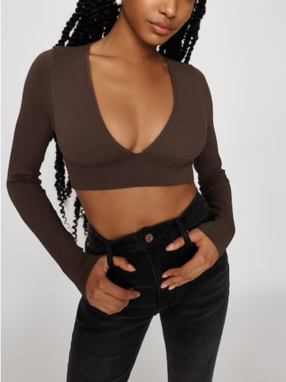 Garage | Dark Brown Scarlett Seamless Deep Plunge Long Sleeve Tee XS